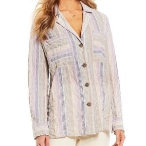FREE PEOPLE High Tide Multi Stripe Button Down Top Shirt Purple Night Small